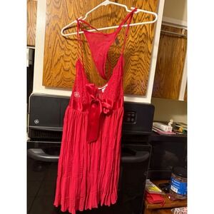 Victoria's Secret Red Lace Babydoll Chemise Thong Set L Large Satin Bow Pleated